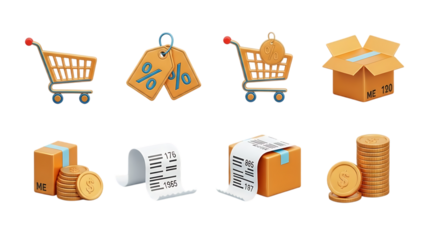 Collection of e commerce icons featuring shopping cart and delivery options isolated on transparent background