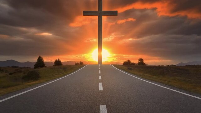 Dramatic religious image of a road leading directly toward a cross silhouetted against a brilliant sunset sky.