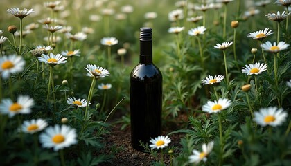 Obraz premium Dark red wine bottle stands in field of white daisies. Bottle sits on brown ground surrounded by green leaves and small white flowers. Soft light shines on vineyard plant.