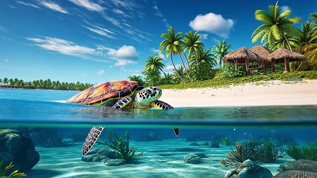 Animated sea turtle swimming in a tropical paradise. Split view of the underwater world and a sandy island beach. Marine wildlife and vacation concept