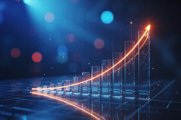 Glowing bar chart with upward arrow representing business growth and financial success on dark background