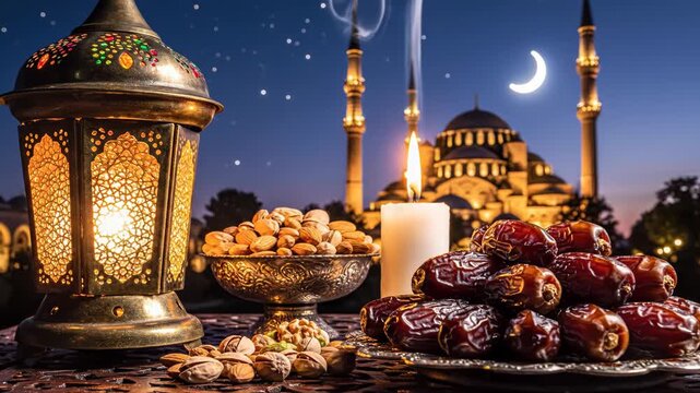 Ramadan iftar table with dates, nuts, lantern, candle, and mosque silhouette