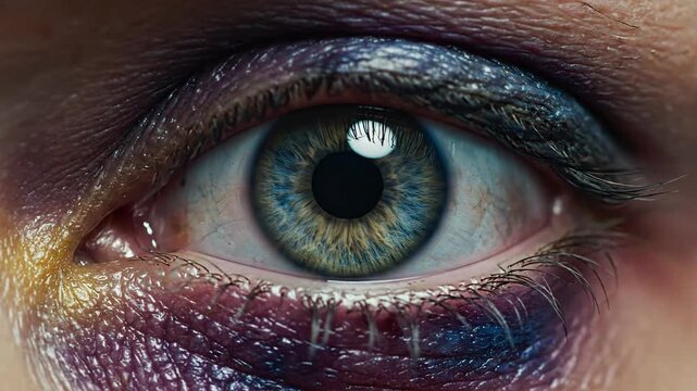 Human black eye in extreme close-up, iris details shifting as the pupil slowly opens in smooth slow motion, creating a dramatic, high-clarity 4K macro visual effect