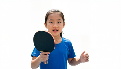Young Asian girl holding table tennis paddle in blue t-shirt, energetic child player isolated on white background, playful activity with ping pong racket. Concept portrait of active child in sports.
