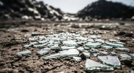 Broken glass shards scattered on dry ground in landfill with garbage piles in background. Shattered waste on cracked earth highlights environmental pollution and crisis.