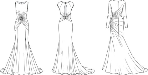 Fitted A-line Gown Fashion Flat Sketch with Knot Detail, Keyhole Back, and Radial Back Draping for Technical Apparel Design and Illustration Template