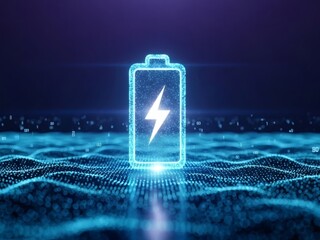 Futuristic Glowing Battery Icon with Lightning Bolt on Digital Wave Background.