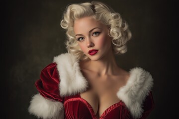 Vintage-styled woman wearing red velvet Christmas outfit posing elegantly with soft glamorous holiday expression