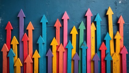 Colorful wooden arrows point upward against dark blue textured wall. Represents business growth, progress, success, positive trend, teamwork, and goals. Many different sizes show variety.