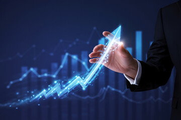 Businessman holding a glowing arrow symbolizing rapid business growth and successful financial trajectory