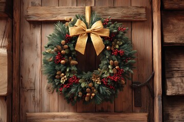 Decorative Christmas wreath with golden bow hanging on rustic wooden wall in cozy festive setting