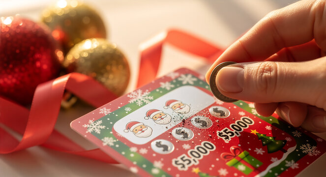 Hand scratching Christmas lottery ticket for a chance to win money prize decorated with festive ornaments. Holiday gambling game includes colorful decorations and excited anticipation.