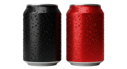 Two soda cans, one black and one red, with water droplets on their surface, side by side on a transparent background