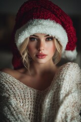 Beautiful woman in Santa hat wearing warm winter sweater posing softly with festive holiday mood