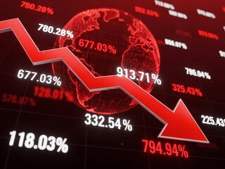 Global Economic Downturn Illustrated by Red Arrow and Earth Globe.