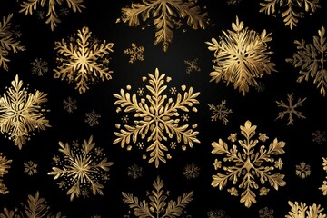 Golden snowflakes arranged on dark background forming elegant sparkling festive Christmas winter pattern