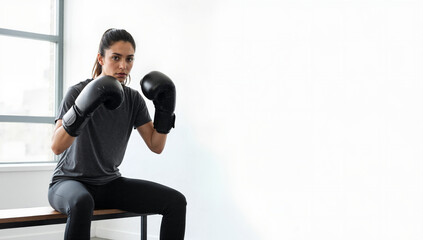 Determined female boxer training with gloves sitting on a bench in gym. Strong woman focused on fitness and health with serious expression. Empowerment concept in sports lifestyle imagery.