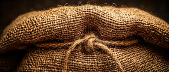 Close up tied brown jute sack with rope knot fits agriculture harvest storage concept. Natural hessian bag packaging implies organic coffee bean food trade