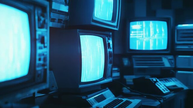 Vintage computer monitors displaying data in a dark room