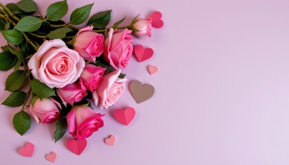 Fototapeta premium Beautiful Pink Roses with Hearts on Soft Pink Background for Romantic Celebrations and Love Themes