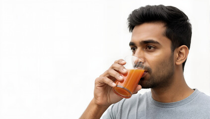 Fototapeta premium Young Indian man enjoying healthy carrot juice in glass for nutrition and wellness. Fresh beverage contributes to nutrition routine for vibrant lifestyle. Concept of healthy living with carrot juice.