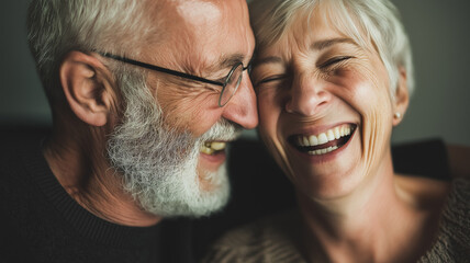 A joyful senior couple shares a warm laugh and embrace at home Generative AI