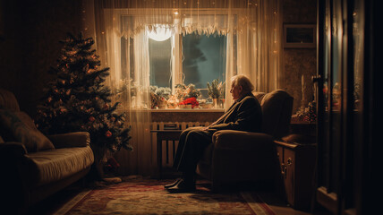 An elderly man sits in silence, gazing out the window as moonlight fills the room with warmth Generative AI