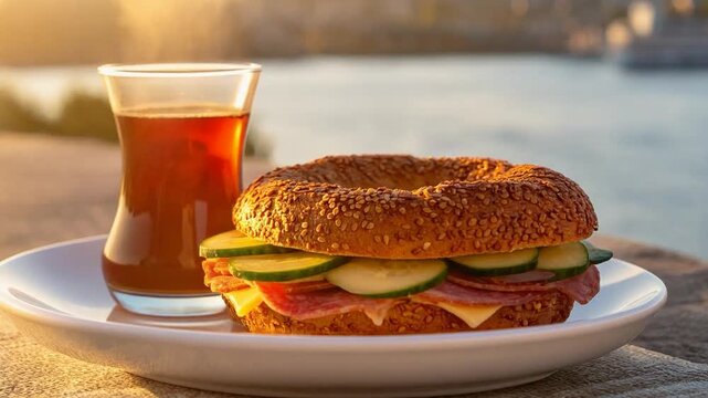 A delicious sesame simit sandwich with cheese, salami, and cucumbers served alongside traditional Turkish tea at a scenic waterfront during golden hour.