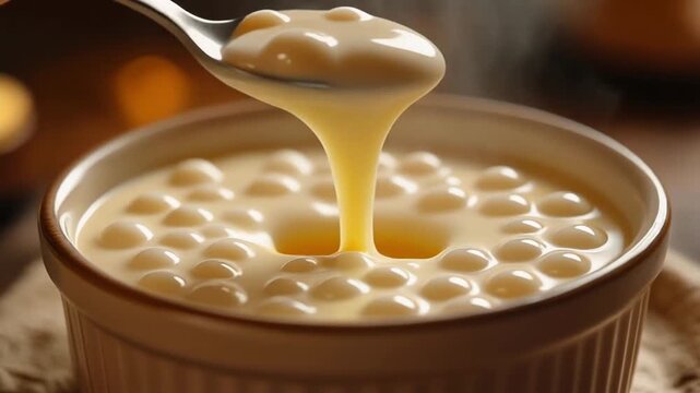 Close up of tapioca pudding in a small bowl, with a spoon drizzling creamy custard sauce.