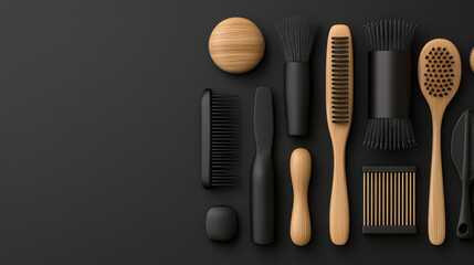 Minimalist grooming set wooden handle black comb hair brush beard brush shaving brush barber tool modern design matte finish clean layout convey calm precision and tidy mood
