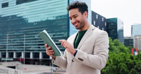 City, businessman and tablet for communication, typing email and corporate connection. Financial research, urban town and happy person on digital tech for social networking, website and contact - Powered by Adobe