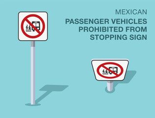 Traffic regulation rules. Isolated mexican "passenger vehicles prohibited from stopping" road sign. Front and top view. Flat vector illustration template.