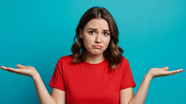 Doubtful Young Woman Shrugging In Red T-Shirt Against Turquoise Background