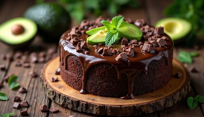 Rich chocolate avocado cake is drizzled with dark chocolate ganache. Topped with chocolate chunks mint leaves and avocado slices. Served on rustic wood. This dessert is a healthy sweet treat.