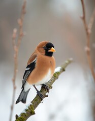 Obraz premium Hawfinch bird rests on snowy branch with blurred background. Small passerine species has thick beak and brown white feathers. Wild avian sits on tree.
