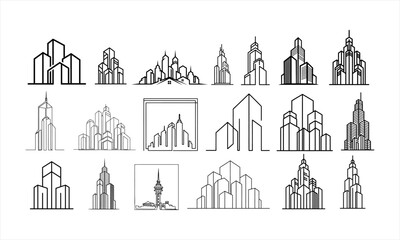 Collection of minimalist line art city skyline building illustrations.