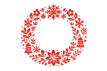 Red christmas wreath decorating with folk art floral pattern, snowflakes, and festive bells, transparent background
