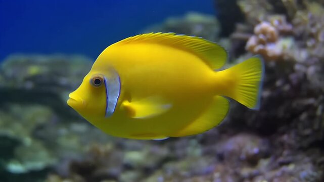 Vibrant Yellow Tang Fish Swimming in Aquarium.