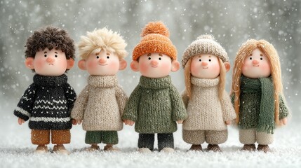 Cute Winter Characters Illustration, Children and Snow Creature in Snowfall