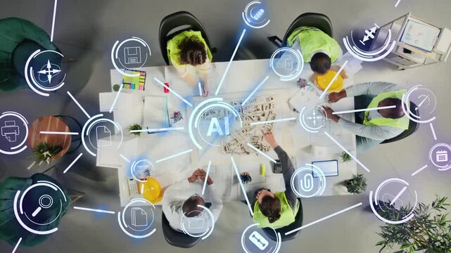 Architectural team doing digital scans of urban infrastructure with artificial intelligence, generating online virtual scale model. Civil engineers create CAD digital twin of city replica using AI