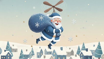Naklejka premium Smiling Santa Claus Flying with Propeller Bag Over Snowy Village Delivering Gifts