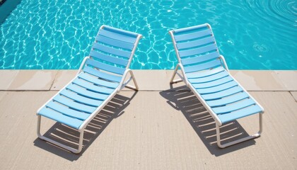 Cozy Blue Loungers by Sparkling Poolside for Relaxation and Leisure in Bright Summer Sunlight