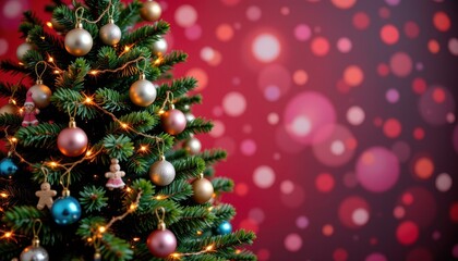 Obraz premium Beautiful Christmas tree decorated with colorful ornaments and lights against a festive blurred background with colorful bokeh effects