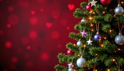 Obraz premium Beautifully Decorated Christmas Tree with Ornaments and Lights on a Festive Red Bokeh Background