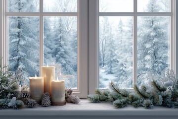 Cozy winter window scene with candles and snowy trees creating peaceful calm holiday atmosphere