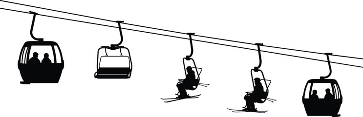 Ski lift and gondola silhouette scene, winter sports transportation illustration, skiers riding chairlift, mountain resort travel concept showing outdoor adventure and recreation