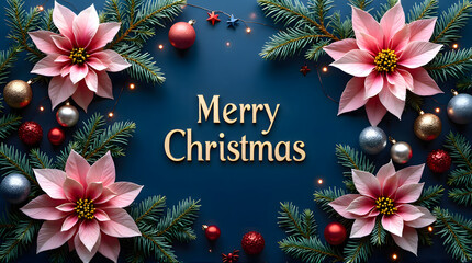 Elegant 'Merry Christmas' Greeting with Pastel Flowers and Festive Decor