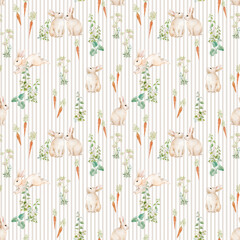 Fototapeta premium Watercolor seamless pattern with cute bunnies, carrots and green herbs on beige stripes. Hand-painted spring design perfect for nursery wallpaper, Easter decor, fabric and wrapping paper.