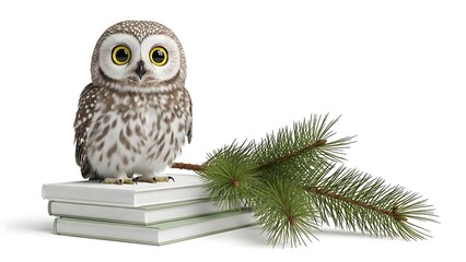 Cute owl perched on books with evergreen branch against a white background