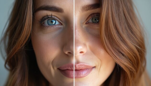 Split screen shows woman face with blonde hair and after dyed hair. Before and after hair coloring comparison, beauty salon treatment, transformation result.